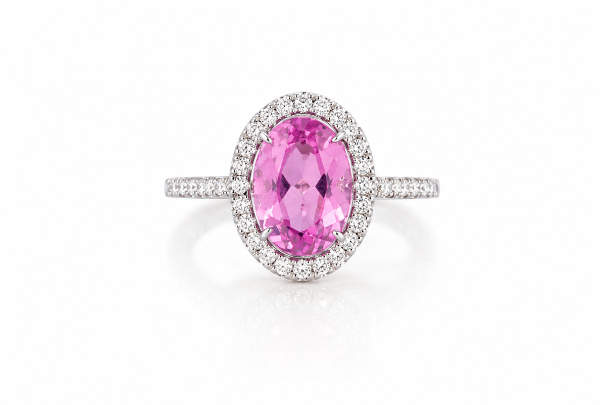 Pink Sapphire Halo Diamond Ring